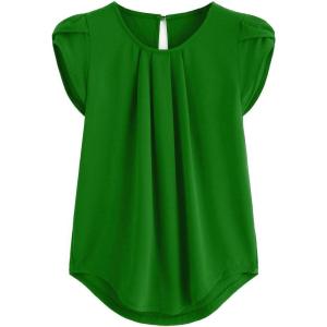 imageMilumia Womens Casual Round Neck Basic Pleated Top Cap Sleeve Curved Keyhole Back BlouseJade Green