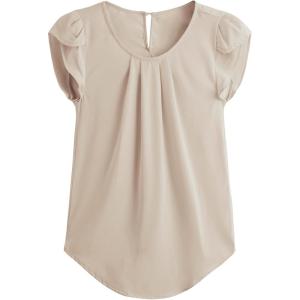 imageMilumia Womens Casual Round Neck Basic Pleated Top Cap Sleeve Curved Keyhole Back BlouseKhaki