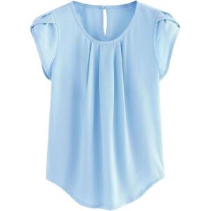 imageMilumia Womens Casual Round Neck Basic Pleated Top Cap Sleeve Curved Keyhole Back BlouseLight Blue