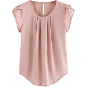 imageMilumia Womens Casual Round Neck Basic Pleated Top Cap Sleeve Curved Keyhole Back BlouseLight Pink
