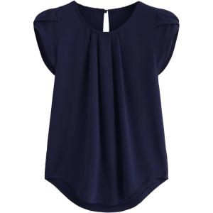 imageMilumia Womens Casual Round Neck Basic Pleated Top Cap Sleeve Curved Keyhole Back BlouseNavy
