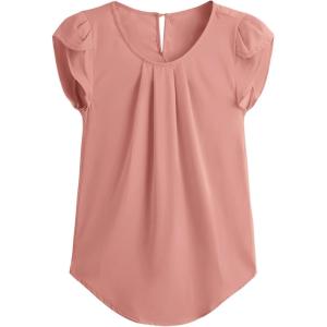 imageMilumia Womens Casual Round Neck Basic Pleated Top Cap Sleeve Curved Keyhole Back BlouseWatermelon Pink