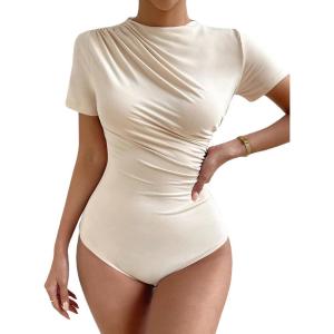 imageMilumia Womens Casual Ruched Mock Neck T Shirt Short Sleeve Tee Bodysuit JumpsuitBeige