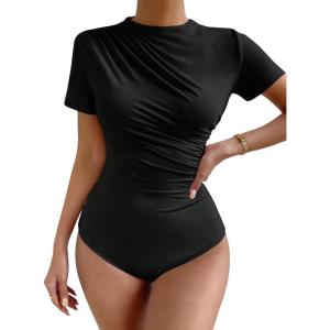imageMilumia Womens Casual Ruched Mock Neck T Shirt Short Sleeve Tee Bodysuit JumpsuitBlack