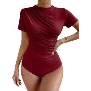imageMilumia Womens Casual Ruched Mock Neck T Shirt Short Sleeve Tee Bodysuit JumpsuitBurgundy