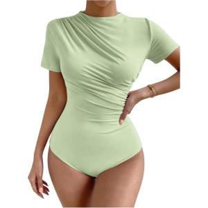 imageMilumia Womens Casual Ruched Mock Neck T Shirt Short Sleeve Tee Bodysuit JumpsuitGreen
