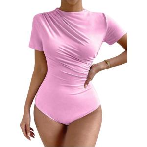 imageMilumia Womens Casual Ruched Mock Neck T Shirt Short Sleeve Tee Bodysuit JumpsuitLight Pink