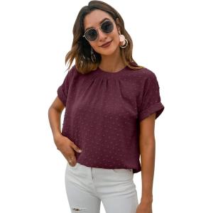 imageMilumia Womens Casual Swiss Dots Chiffon Ruffle Front Short Sleeve Work Office Blouse TopClaret