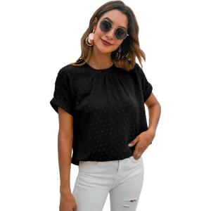 imageMilumia Womens Casual Swiss Dots Chiffon Ruffle Front Short Sleeve Work Office Blouse TopDark Black