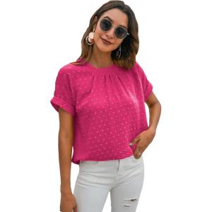 imageMilumia Womens Casual Swiss Dots Chiffon Ruffle Front Short Sleeve Work Office Blouse TopHot Pink