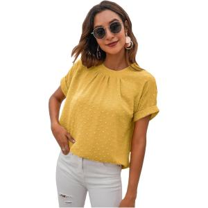 imageMilumia Womens Casual Swiss Dots Chiffon Ruffle Front Short Sleeve Work Office Blouse TopLight Yellow