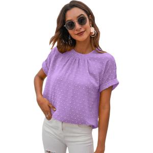 imageMilumia Womens Casual Swiss Dots Chiffon Ruffle Front Short Sleeve Work Office Blouse TopLilac Purple
