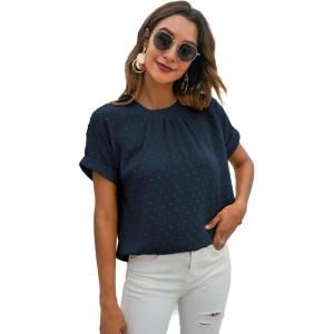 imageMilumia Womens Casual Swiss Dots Chiffon Ruffle Front Short Sleeve Work Office Blouse TopNavy Blue