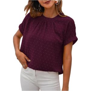imageMilumia Womens Casual Swiss Dots Chiffon Ruffle Front Short Sleeve Work Office Blouse TopPurple Red