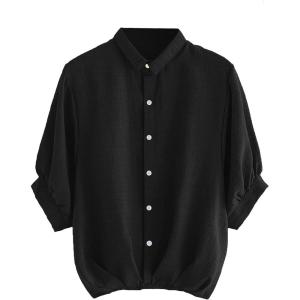 imageMilumia Womens Collar Lantern Short Sleeve Pleated Hem Button Down Work Blouse Shirt TopBlack