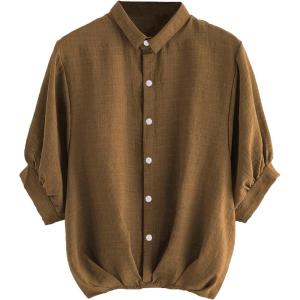 imageMilumia Womens Collar Lantern Short Sleeve Pleated Hem Button Down Work Blouse Shirt TopCoffee Brown