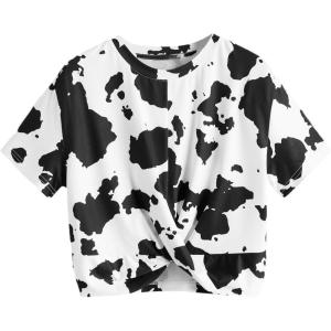 imageMilumia Womens Cow Print Twist Front Short Sleeve Crop Tank Top Tee ShirtBlack and White