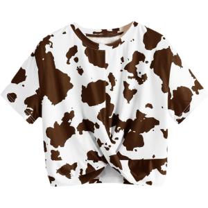 imageMilumia Womens Cow Print Twist Front Short Sleeve Crop Tank Top Tee ShirtBrown