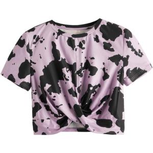 imageMilumia Womens Cow Print Twist Front Short Sleeve Crop Tank Top Tee ShirtPurple