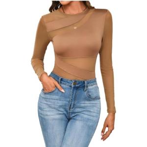imageMilumia Womens Cut Out Sheer Mesh Long Sleeve Bodysuit Sexy See Through Leotard Shirt TopLight Brown
