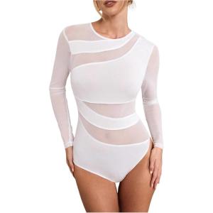 imageMilumia Womens Cut Out Sheer Mesh Long Sleeve Bodysuit Sexy See Through Leotard Shirt TopWhite
