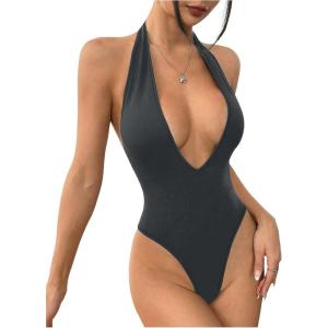 imageMilumia Womens Deep V Neck Halter Bodysuit Backless Slim Fit Sexy TopDark Grey
