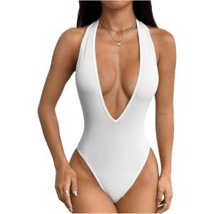 imageMilumia Womens Deep V Neck Halter Bodysuit Backless Slim Fit Sexy TopWhite