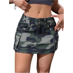 imageMilumia Womens Denim Skirt Camo Print Low Waisted Flap Pocket Jean Cargo SkirtsBlack and Green