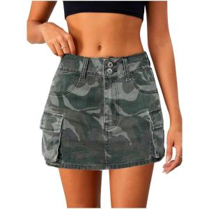 imageMilumia Womens Denim Skirt Camo Print Low Waisted Flap Pocket Jean Cargo SkirtsMulticolor