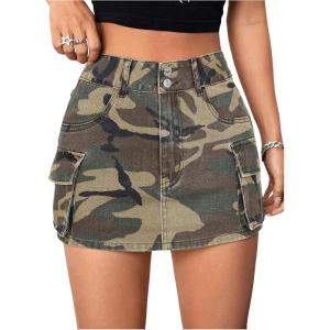 imageMilumia Womens Denim Skirt Camo Print Low Waisted Flap Pocket Jean Cargo SkirtsMulticolor Army Green