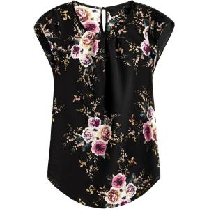 imageMilumia Womens Elegant Floral Print Petal Cap Sleeve Pleated Vacation Office Work Blouse TopBlack Multi