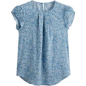 imageMilumia Womens Elegant Floral Print Petal Cap Sleeve Pleated Vacation Office Work Blouse TopBlue and White