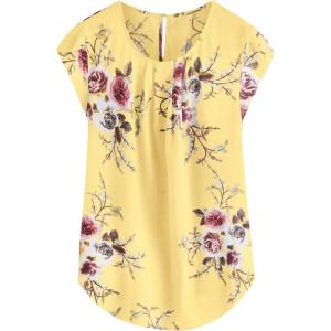 imageMilumia Womens Elegant Floral Print Petal Cap Sleeve Pleated Vacation Office Work Blouse TopLight Yellow