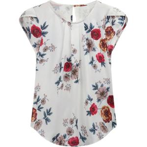 imageMilumia Womens Elegant Floral Print Petal Cap Sleeve Pleated Vacation Office Work Blouse TopMulti White