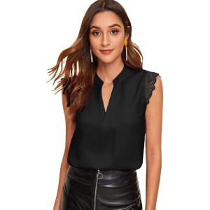 imageMilumia Womens Elegant Notch V Neck Sleeveless Blouse Guipure Lace Work Office TopBlack