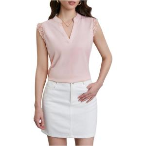 imageMilumia Womens Elegant Notch V Neck Sleeveless Blouse Guipure Lace Work Office TopPink Solid