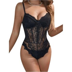 imageMilumia Womens Floral Lace Corset Bodysuit Sexy Going Out Tops Club Rave PartyDark Black