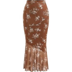 imageMilumia Womens Floral Mesh Ruffle Hem Maxi Skirt High Waisted Fishtail Long SkirtsBrown