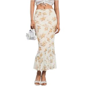 imageMilumia Womens Floral Mesh Ruffle Hem Maxi Skirt High Waisted Fishtail Long SkirtsLight Yellow
