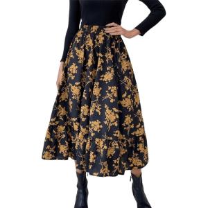 imageMilumia Womens Floral Print Ruffle Hem A Line High Waist Flare Flowy Midi SkirtsA Yellow and Black