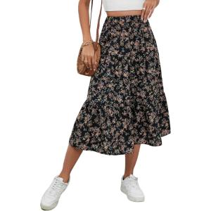 imageMilumia Womens Floral Print Ruffle Hem A Line High Waist Flare Flowy Midi SkirtsFloral Ruffle Hem Black
