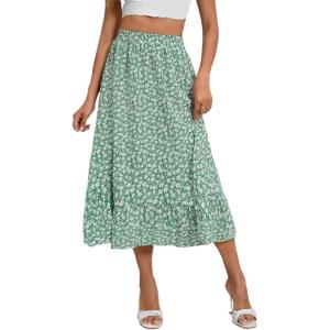 imageMilumia Womens Floral Print Ruffle Hem A Line High Waist Flare Flowy Midi SkirtsFloral White Green
