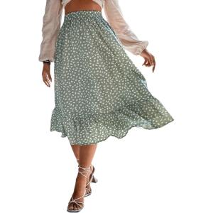 imageMilumia Womens Floral Print Ruffle Hem A Line High Waist Flare Flowy Midi SkirtsGreen and White