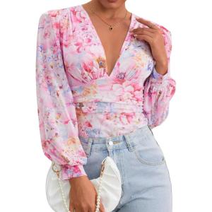 imageMilumia Womens Long Sleeve Deep V Neck Leotard Shirts Elegant Floral Bodysuit TopsPink