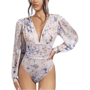 imageMilumia Womens Long Sleeve Deep V Neck Leotard Shirts Elegant Floral Bodysuit TopsWhite and Blue