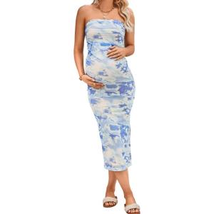 imageMilumia Womens Maternity Floral Mesh Split Strapless Tube Dress Bodycon Maxi DressesBlue and White
