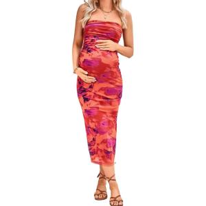 imageMilumia Womens Maternity Floral Mesh Split Strapless Tube Dress Bodycon Maxi DressesBurnt Orange