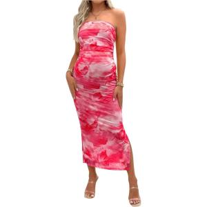 imageMilumia Womens Maternity Floral Mesh Split Strapless Tube Dress Bodycon Maxi DressesHot Pink