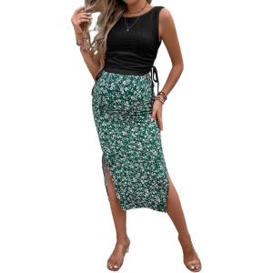 imageMilumia Womens Maternity Outfits 2 Piece Eyelet Ruched Tank Top and Floral Double Slit Midi Skirt SetsBlack and Green