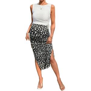imageMilumia Womens Maternity Outfits 2 Piece Eyelet Ruched Tank Top and Floral Double Slit Midi Skirt SetsBlack and White